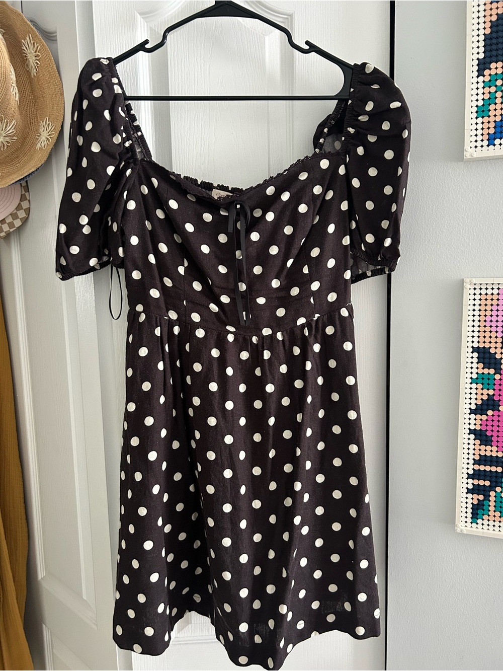 Polka Dot Puff-Sleeve Mini Dress - Dark Brown & White